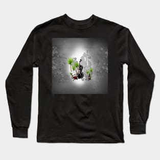 Music, black violin and palm trees Long Sleeve T-Shirt